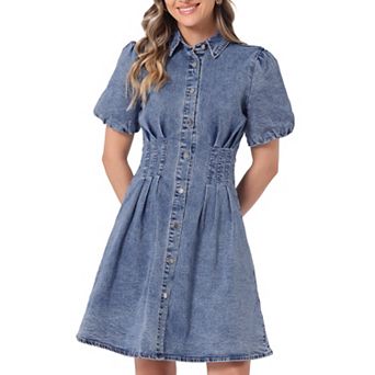 Women's Denim Puffy Sleeve Dress Short Sleeve Collared Button Down A-Line Casual Jean Dresses