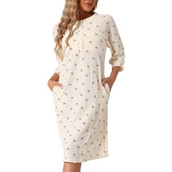 Womens Nightgowns Button Up Sleepwear 3/4 Sleeve Crew Neck Cute Print Sleepshirt with Pockets