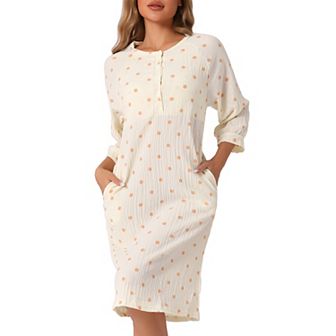 Womens Nightgowns Button Up Sleepwear 3/4 Sleeve Crew Neck Cute Print Sleepshirt with Pockets
