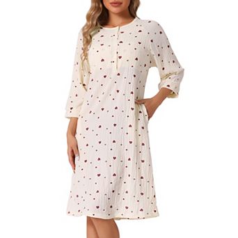 Womens Nightgowns Button Up Sleepwear 3/4 Sleeve Crew Neck Cute Print Sleepshirt with Pockets