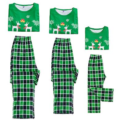 Pajama Elk Printed Plaid Loungewear Long Sleeve Tops with Pants Set for Children
