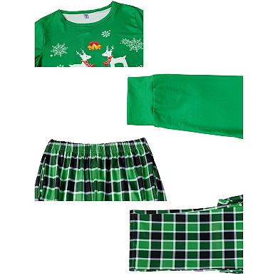 Pajama Elk Printed Plaid Loungewear Long Sleeve Tops with Pants Set for Children