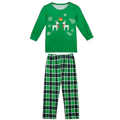 Pajama Elk Printed Plaid Loungewear Long Sleeve Tops with Pants Set for Children