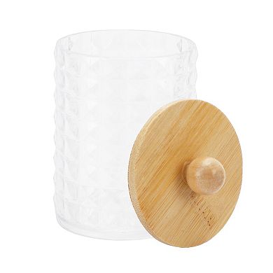 Square Diamond Pattern Acrylic Wood Cotton Swab Jar Clear Wood Color 1 Pc