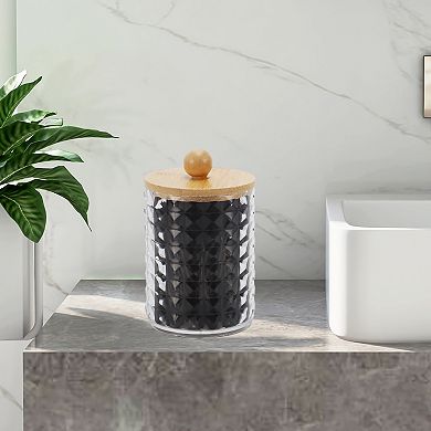 Square Diamond Pattern Acrylic Wood Cotton Swab Jar Clear Wood Color 1 Pc