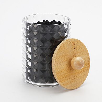 Square Diamond Pattern Acrylic Wood Cotton Swab Jar Clear Wood Color 1 Pc