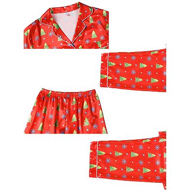 Satin Long Sleeve Button Down Pjs Tree Print Sleepwear Pajamas Sets for Children