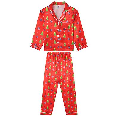 Satin Long Sleeve Button Down Pjs Tree Print Sleepwear Pajamas Sets for Children