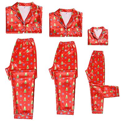 Satin Long Sleeve Button Down Pjs Tree Print Festival Party Sleepwear Pajamas Sets for Men