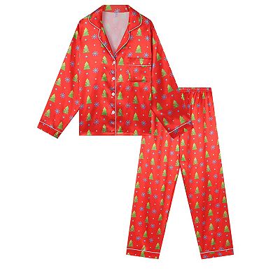 Satin Long Sleeve Button Down Pjs Tree Print Festival Party Sleepwear Pajamas Sets for Men