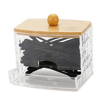 Diamond Pattern Square Ball Cover Acrylic Cotton Swab Jar Clear Wood Color 1 pc