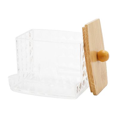 Diamond Pattern Square Ball Cover Acrylic Cotton Swab Jar Clear Wood Color 1 Pc