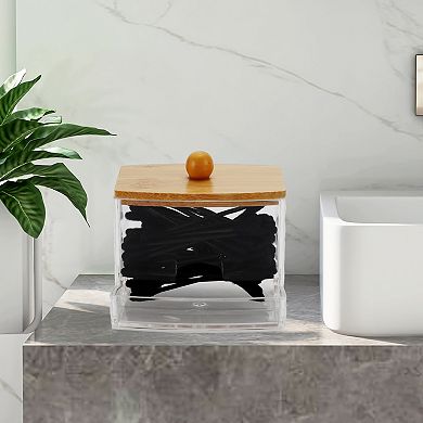 Diamond Pattern Square Ball Cover Acrylic Cotton Swab Jar Clear Wood Color 1 Pc