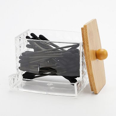 Diamond Pattern Square Ball Cover Acrylic Cotton Swab Jar Clear Wood Color 1 Pc