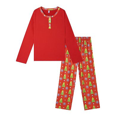 Long Sleeve Button Up Pjs Tree Print Festival Party Sleepwear Pajamas Sets for Men