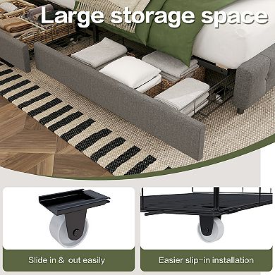 Linen Upholstered Headboard Bed Frame with Large Hidden Storage, 4 Underbed Drawers