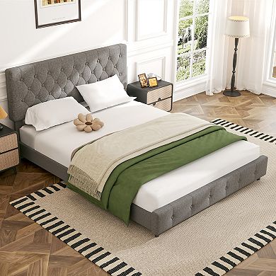 Linen Upholstered Headboard Bed Frame with Large Hidden Storage, 4 Underbed Drawers