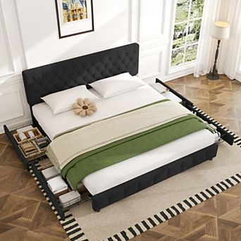 Linen Upholstered Headboard Bed Frame with Large Hidden Storage, 4 Underbed Drawers