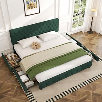 Linen Upholstered Headboard Bed Frame with Large Hidden Storage, 4 Underbed Drawers