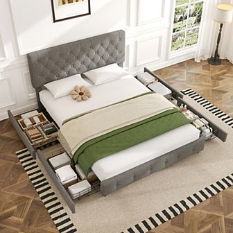 Linen Upholstered Headboard Bed Frame with Large Hidden Storage, 4 Underbed Drawers