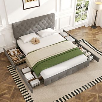 Linen Upholstered Headboard Bed Frame with Large Hidden Storage, 4 Underbed Drawers