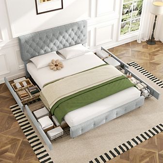 Linen Upholstered Headboard Bed Frame with Large Hidden Storage, 4 Underbed Drawers