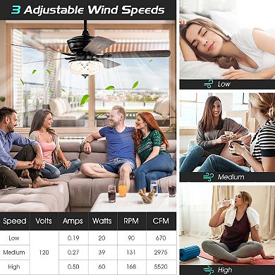 52 Inch Ceiling Fan With 3 Wind Speeds And 5 Reversible Blades