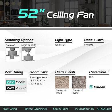 52 Inch Ceiling Fan With 3 Wind Speeds And 5 Reversible Blades