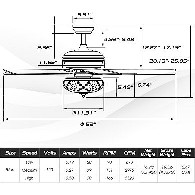 52 Inch Ceiling Fan With 3 Wind Speeds And 5 Reversible Blades