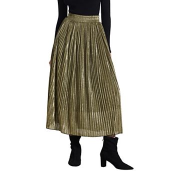 Women's Metallic Shiny Skirt Glitter Party High Waist Flared Plaeted Midi Skirts