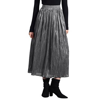 Women's Metallic Shiny Skirt Glitter Party High Waist Flared Plaeted Midi Skirts