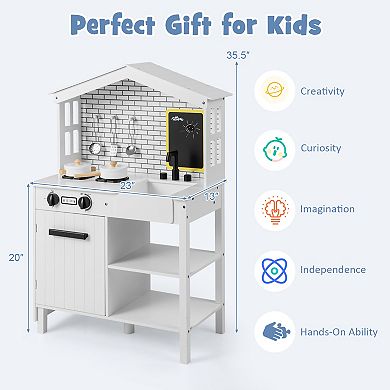 Kids Wooden Kitchen Play Set with Storage Shelves and Accessories