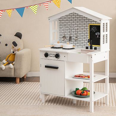 Kids Wooden Kitchen Play Set with Storage Shelves and Accessories
