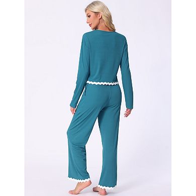 Women's Pajama Sets Long Sleeve Crewneck Adjustable Drawstring Elastic Lounge Sets with Pockets