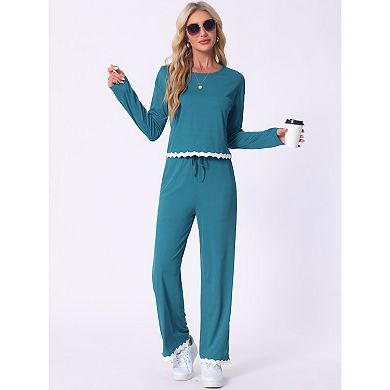 Women's Pajama Sets Long Sleeve Crewneck Adjustable Drawstring Elastic Lounge Sets with Pockets