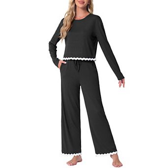 Women's Pajama Sets Long Sleeve Crewneck Adjustable Drawstring Elastic Lounge Sets with Pockets