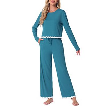 Women's Pajama Sets Long Sleeve Crewneck Adjustable Drawstring Elastic Lounge Sets with Pockets