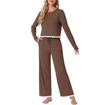Women's Pajama Sets Long Sleeve Crewneck Adjustable Drawstring Elastic Lounge Sets with Pockets