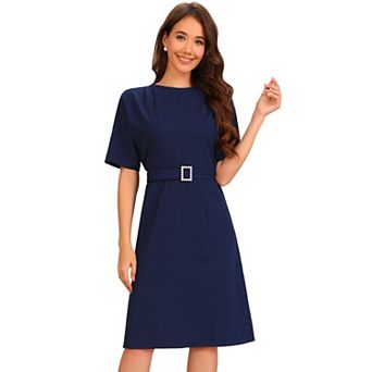 Women's Short Sleeve Midi Dress Crewneck Belted Casual Swing Dress