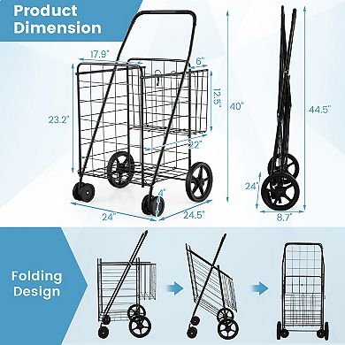 Folding Shopping Cart with Swiveling Wheels and Dual Storage Baskets