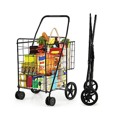 Folding Shopping Cart with Swiveling Wheels and Dual Storage Baskets