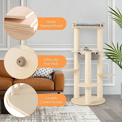 5-level Wooden Cat Tree With Padded Perch Non-woven Hammock-gray