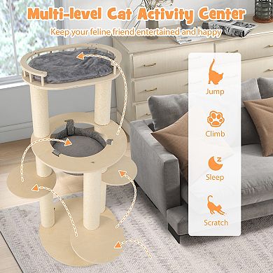 5-level Wooden Cat Tree With Padded Perch Non-woven Hammock-gray