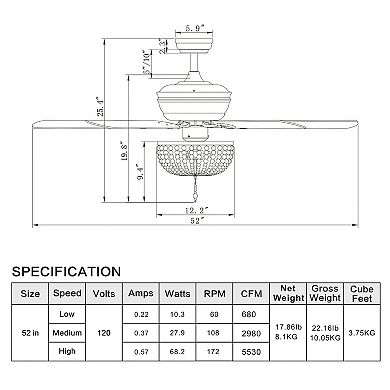 52 Inch Retro Ceiling Fan Light With Reversible Blades Remote Control