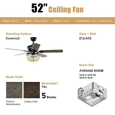 52 Inch Retro Ceiling Fan Light With Reversible Blades Remote Control