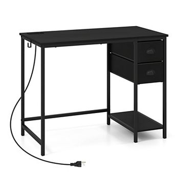 38 Inch Computer Desk with Charging Station Two Fabric Drawers and Headphone Hook