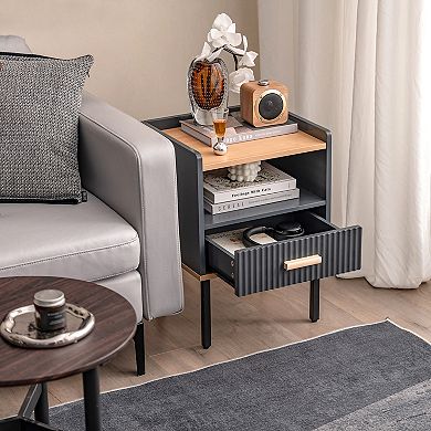 Nightstand Bedside End Table with Drawer and Open Shelf