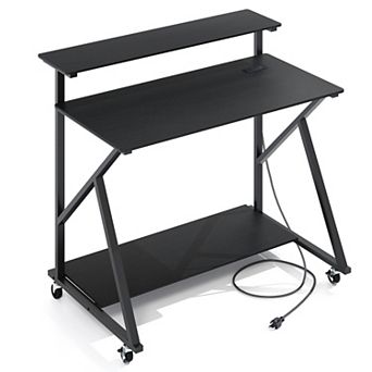 39.5 Inch Rolling Computer Desk with Monitor Shelf Charging Station and Casters