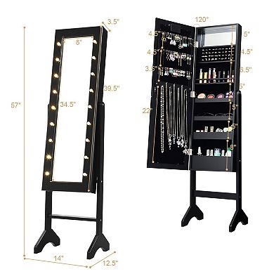 Mirrored Standing Jewelry Armoire Cabinet with LED Lights