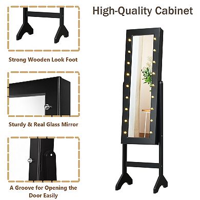 Mirrored Standing Jewelry Armoire Cabinet with LED Lights
